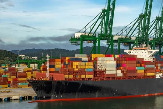 black cagro ship with shipping containers
